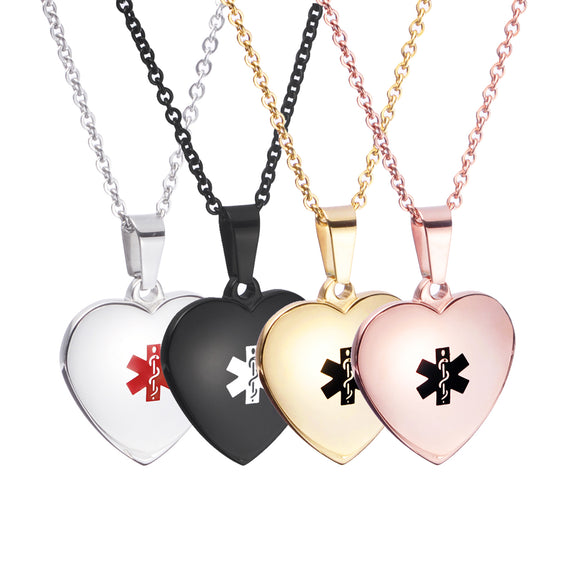 MP-0236 CUSTOM ENGRAVE Plump Heart Medical ID Stainless Pendant Necklace