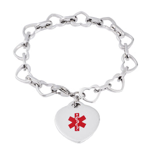 Medical ID - Stainless Steel Heart Link Charm Bracelet